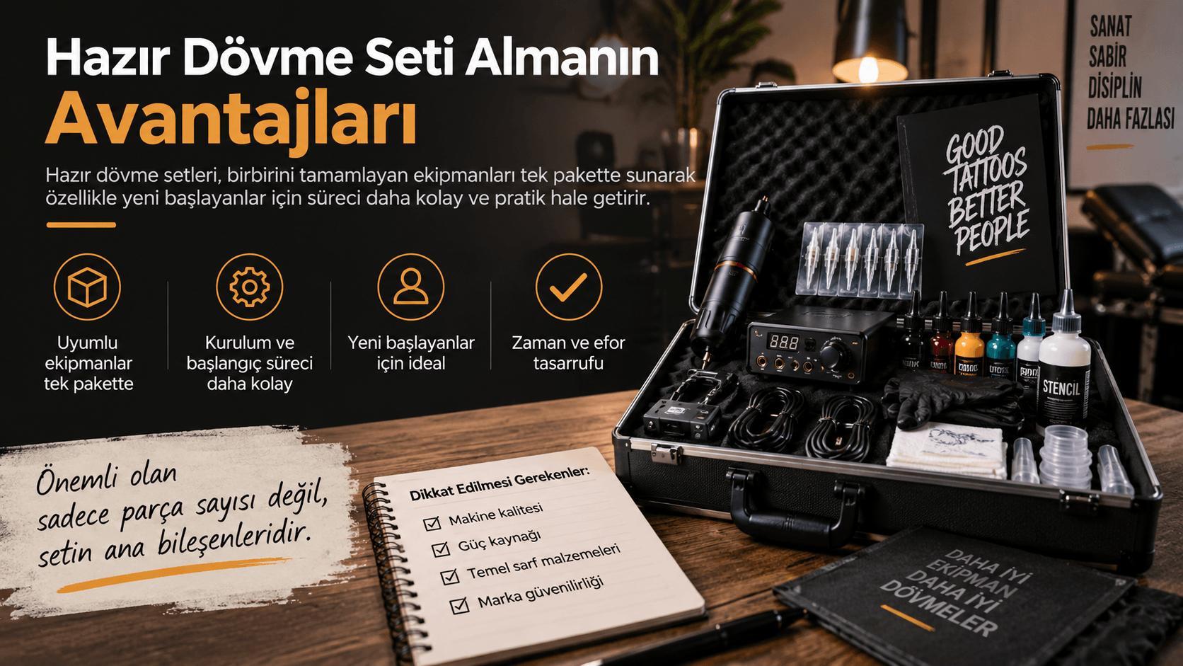 Dövme makinesi setinde bulunabilecek ekipmanlar