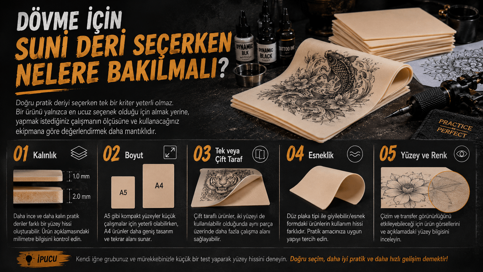 A5 A4 ve 3 mm dövme suni derisi karşılaştırma görseli